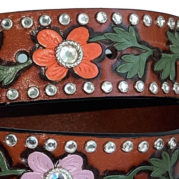 3-D Rhinestone Hand Tooled Hand Painted Leather Belt Bling Buckle Retro 38 main image 6